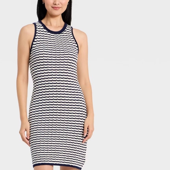 Sleeveless Navy and White Striped Knit Sheath Dress - Picture 2 of 7